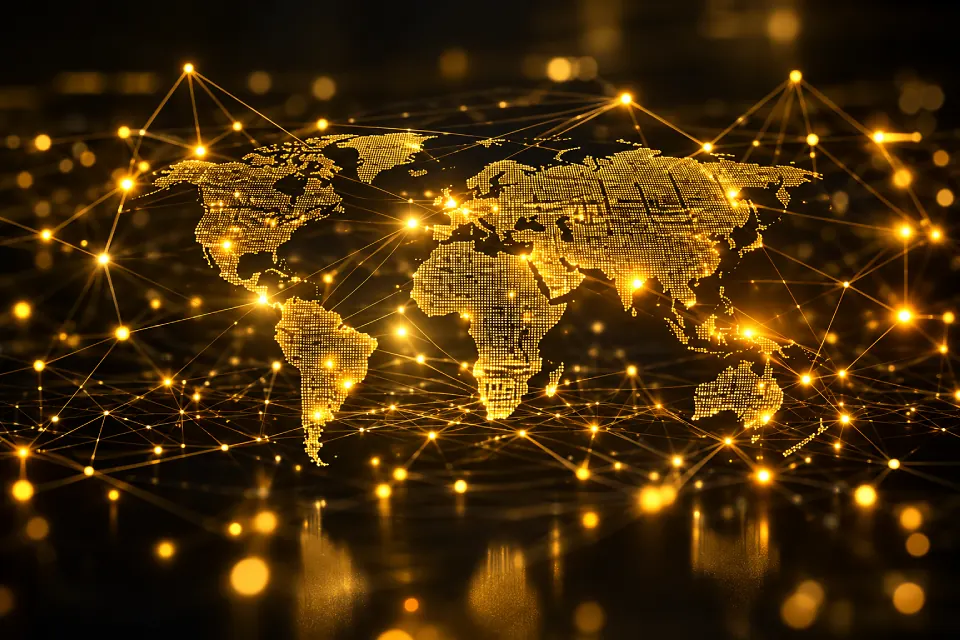Illuminated world map with glowing gold network connections, representing global sourcing and trade reach